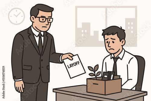 Professional businessman manager delivering layoff termination notice to sad employee in modern office workplace with cardboard box vector illustration