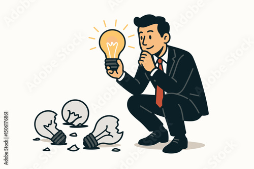 Business professional with bright glowing idea light bulb surrounded by broken failed bulbs - innovation success breakthrough vector illustration