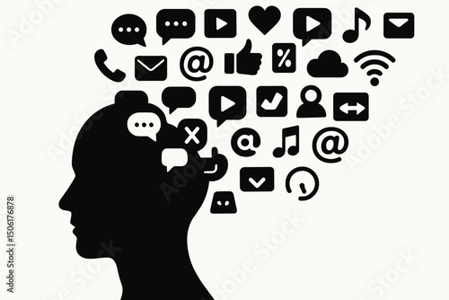Social media information overload concept vector illustration with human head silhouette and digital communication icons representing technology addiction