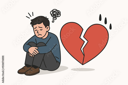 Sad depressed young man sitting alone in solitude with large broken red heart symbol - emotional pain, heartbreak and mental health vector illustration
