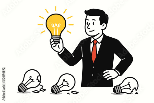 Successful businessman holding bright glowing lightbulb idea among broken failed bulbs vector illustration concept of innovation creativity problem solving