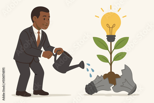 Professional businessman watering growing plant emerging from broken lightbulb symbolizing innovation, growth from failure, and creative business development concept vector illustration