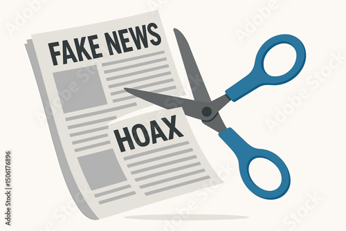 Scissors cutting fake news newspaper with hoax headlines - misinformation elimination concept vector illustration for media literacy and fact-checking