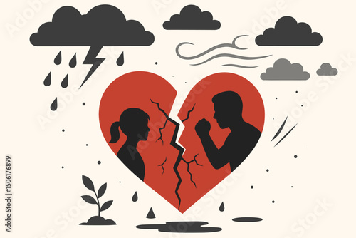 Broken red heart with arguing couple silhouettes during stormy weather - relationship breakup and emotional turmoil vector illustration concept