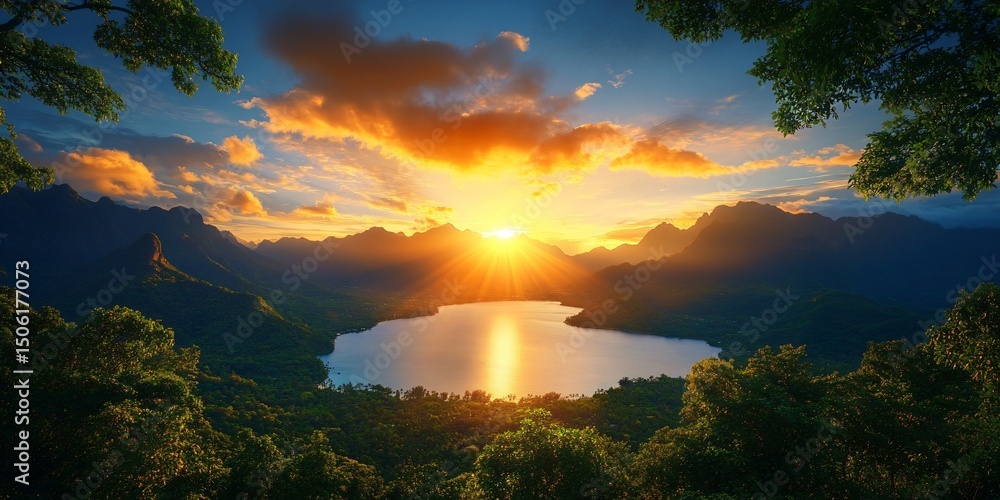 Obraz premium Framed sunset view over mountain valley and tropical lake