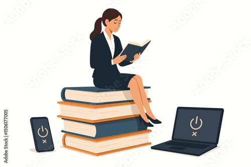 Successful businesswoman reading book sitting on stack of books, choosing offline learning over digital technology for healthy digital detox lifestyle