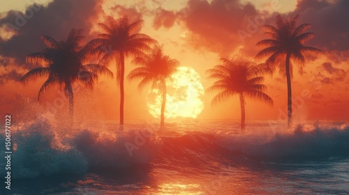 Fiery sunset over ocean waves & palm trees