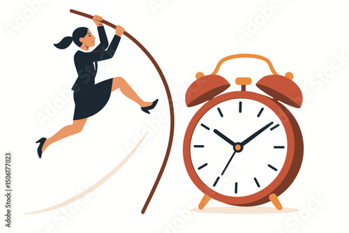 Professional businesswoman pole vaulting over giant alarm clock, time management success concept, overcoming deadlines and achieving goals vector illustration