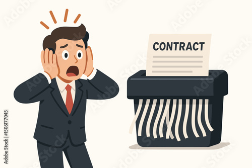 Panicked businessman in shock watching contract being destroyed by paper shredder - legal document termination business disaster vector illustration