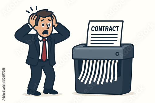 Shocked stressed businessman watching contract being destroyed in paper shredder - legal document termination business crisis vector illustration