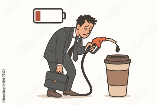 Exhausted businessman with low battery refueling energy with coffee from gas pump nozzle - workplace burnout and caffeine addiction vector concept