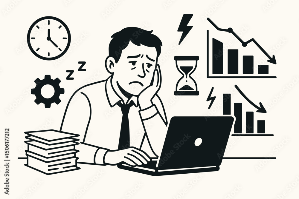 Exhausted businessman working overtime on laptop computer with declining charts, deadline pressure and workplace stress vector illustration Exhausted businessman working overtime on laptop computer with declining charts, deadline pressure and workplace stress vector illustration