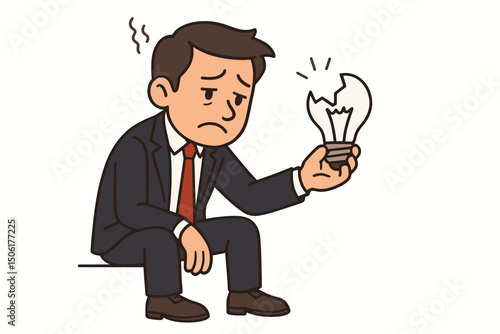 Defeated businessman sitting with broken lightbulb vector illustration representing business failure creative burnout stress and failed innovation concept