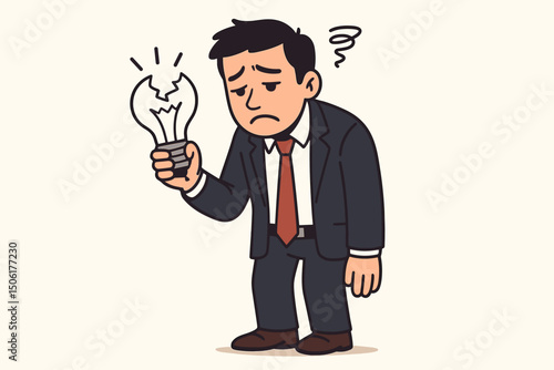 Frustrated businessman holding broken lightbulb representing failed idea, business innovation failure, disappointment and creative block vector illustration