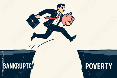 Businessman jumping over bankruptcy and poverty cliff gap with piggy bank financial recovery success leap vector illustration concept