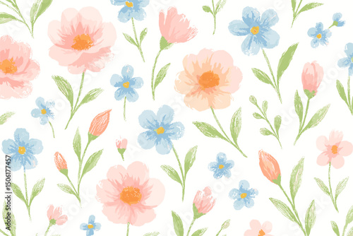 Watercolor pastel floral seamless pattern with delicate pink roses and blue flowers - hand painted botanical design for textile fabric wallpaper background