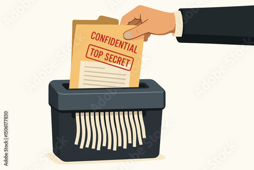 Businessman destroying confidential top secret documents in paper shredder for secure data protection and privacy compliance vector illustration