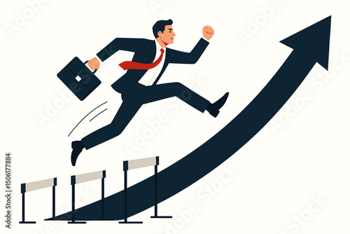 Successful businessman leaping over hurdles with rising arrow representing career advancement growth achievement and overcoming business obstacles vector illustration