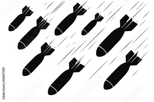 Black bomb and missile silhouettes falling with speed lines - military warfare attack vector illustration for war conflict anti-war political graphics