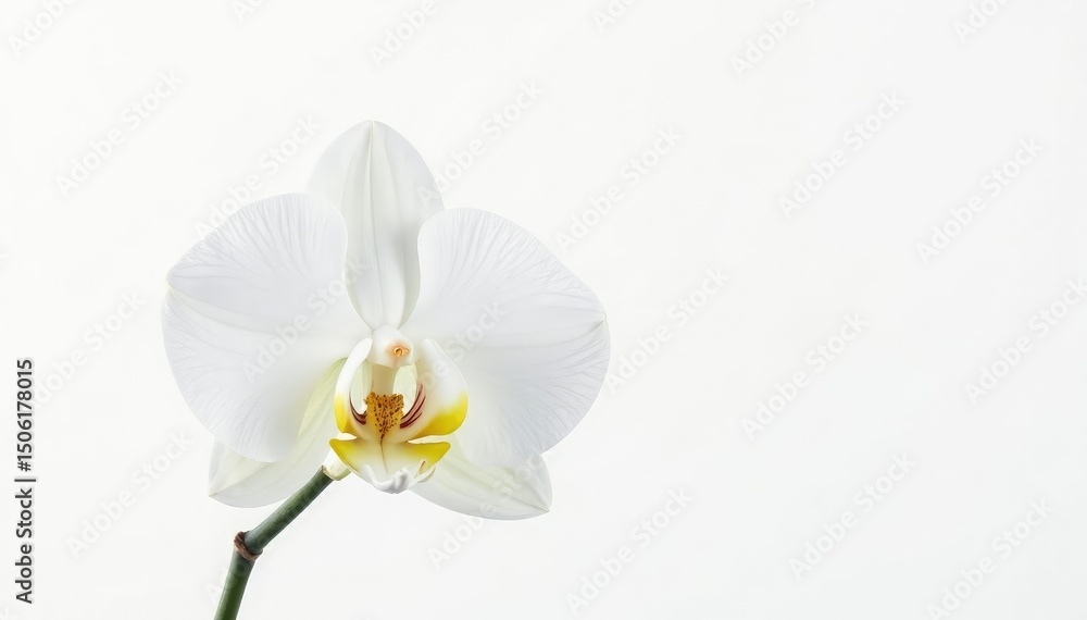 Fototapeta premium Delicate white orchid blossom on pure white background, delicate, sharp, clean