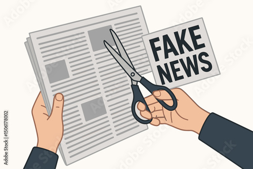 Human hands cutting fake news headlines from newspaper with scissors - media literacy and fact-checking awareness concept vector illustration