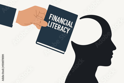 Financial literacy education vector concept illustration showing business professional hand placing knowledge book into open human mind silhouette