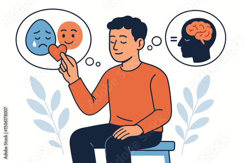 Emotional intelligence and empathy concept vector illustration with thoughtful man contemplating feelings and self-control in modern flat design style