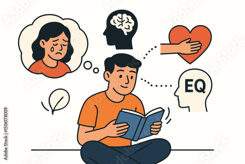 Modern vector illustration of emotional intelligence and empathy concept with man reading book, brain, heart and EQ symbols for psychology design