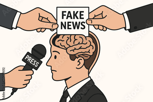 Fake news media manipulation concept with businessman brain being influenced by misinformation propaganda and press microphone vector illustration