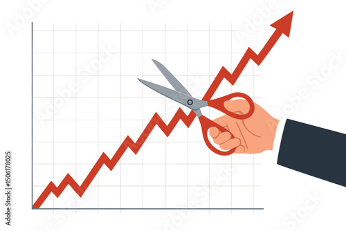 Businessman hand cutting rising growth chart arrow with scissors - economic crisis market downturn financial decline concept illustration