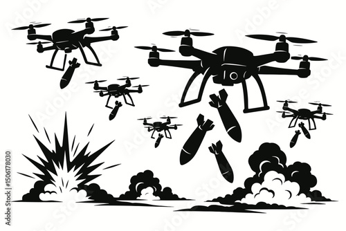 Military drone warfare silhouette vector illustration with unmanned aerial vehicles dropping missiles and explosive combat scene with smoke clouds