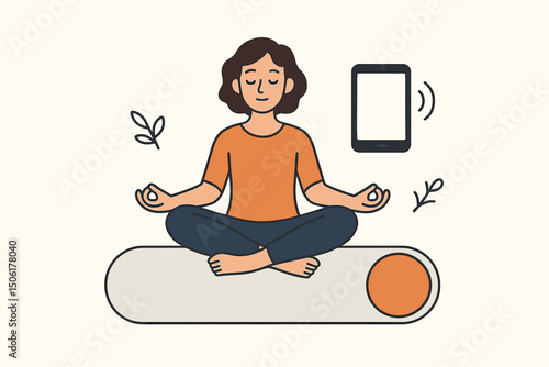 Young woman practicing mindful meditation and digital detox, sitting in lotus pose on yoga mat while ignoring ringing smartphone, wellness vector illustration