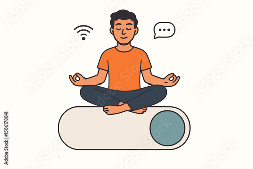 Serene man meditating in lotus position on smartphone practicing digital detox mindfulness wellness mental health technology balance zen vector illustration