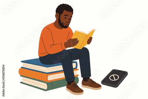 Happy African American man reading yellow book sitting on stack of colorful books with smartphone - flat vector illustration for education and learning concepts
