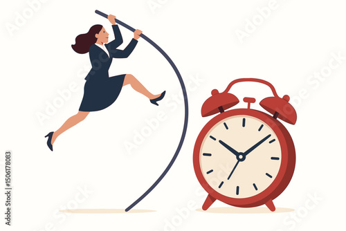 Businesswoman pole vaulting over giant alarm clock - time management success, overcoming deadlines and achieving professional goals vector illustration