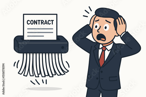 Panicked shocked businessman watching business contract being destroyed shredded in paper shredder machine, corporate legal document disaster concept