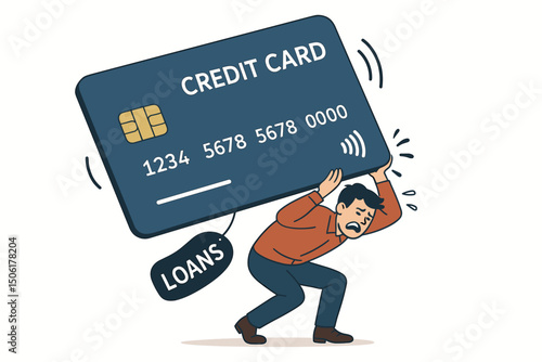 Stressed businessman struggling under massive credit card debt burden chained to loans - financial pressure vector illustration design