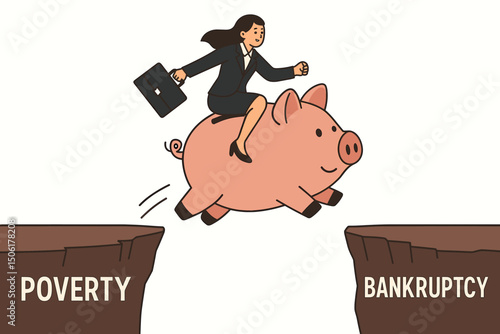 Confident businesswoman riding piggy bank jumping over financial crisis gap from poverty to success, overcoming bankruptcy with savings and investment strategy