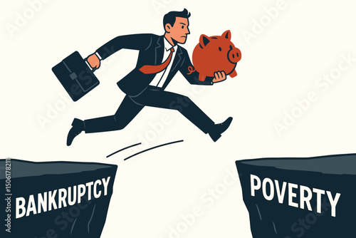 Confident businessman jumping over bankruptcy and poverty gap carrying piggy bank savings towards financial freedom success vector illustration