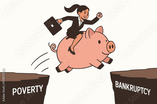 Business success concept vector illustration - confident professional woman riding pink piggy bank flying over poverty bankruptcy chasm achieving financial triumph