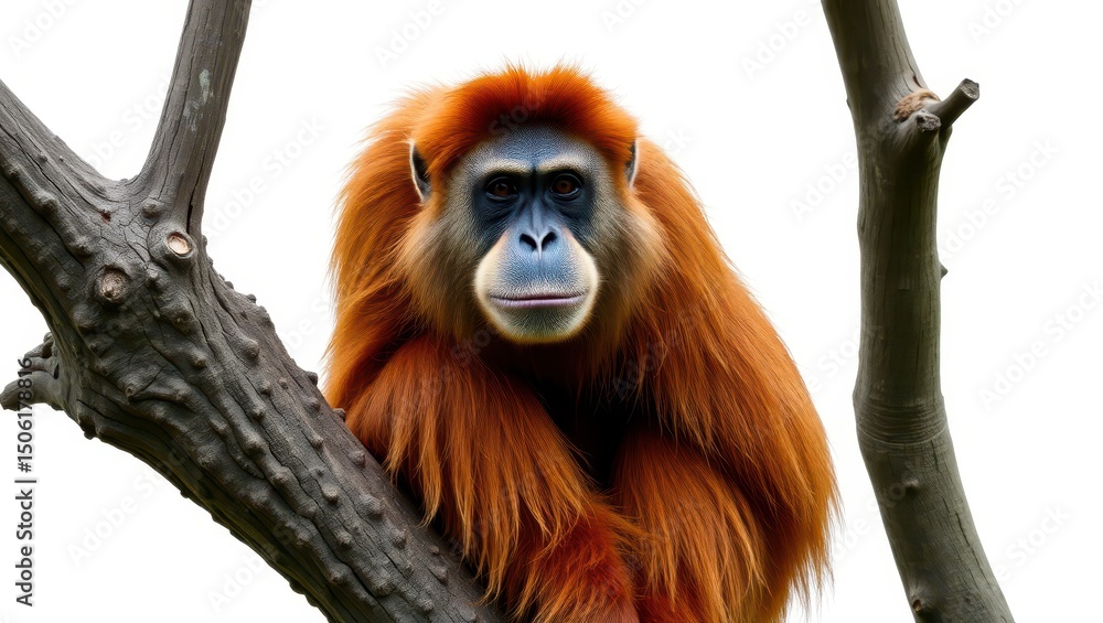 Fototapeta premium Golden-Furred Primate Sitting on Tree Branch Facing Camera