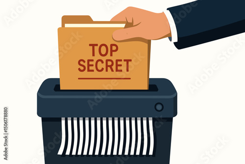 Business hand inserting top secret confidential folder into document shredder for secure data destruction and privacy protection vector illustration