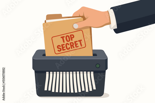 Professional businessman hand shredding top secret confidential documents folder in paper shredder machine for data protection privacy security business concept vector