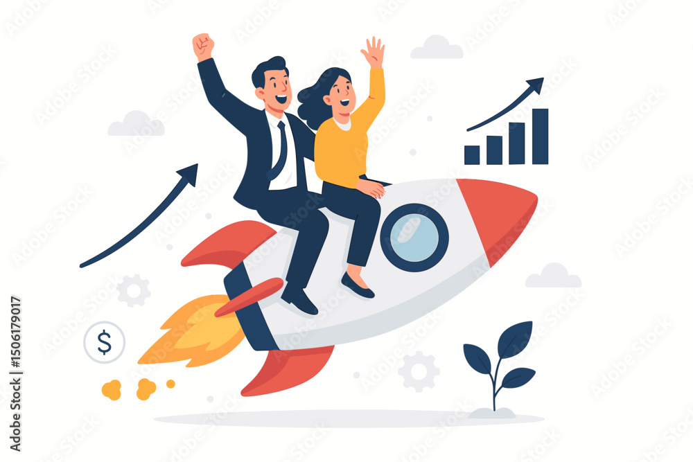 Successful business team celebrating startup growth riding rocket ship with upward trending charts and financial success symbols vector illustration Successful business team celebrating startup growth riding rocket ship with upward trending charts and financial success symbols vector illustration