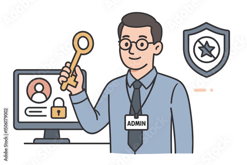 Professional System Administrator with Glasses Holding Golden Access Key Near Computer Security Login Screen Vector Illustration for IT Cybersecurity Business