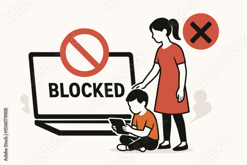 Mother supervising child's internet activity with parental control software blocking inappropriate content on computer screen vector illustration