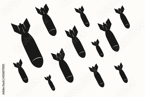Black bomb silhouettes falling pattern vector illustration for military warfare conflict design anti-war peace symbol background graphic