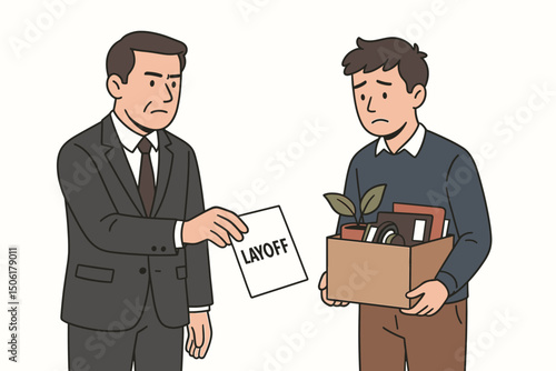 Businessman delivering layoff notice to sad employee holding cardboard box with personal belongings - corporate termination vector illustration