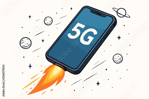 5G smartphone rocket launching through space with high-speed internet connectivity and mobile technology innovation vector illustration concept design