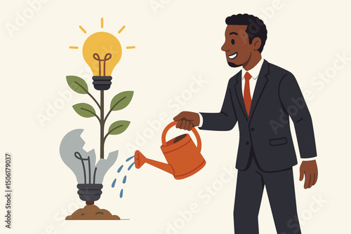 Business Innovation Vector Illustration Entrepreneur Watering Creative Lightbulb Plant Growing from Broken Failure to Success Achievement Growth Concept